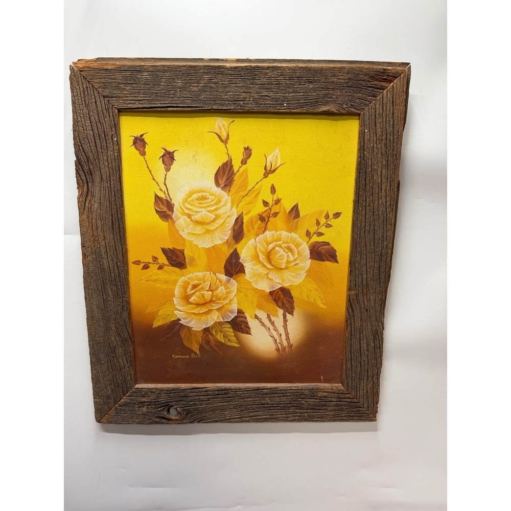 MCM Yellow Roses Oil Painting Carved Wood Frame Aged Vintage Sweet